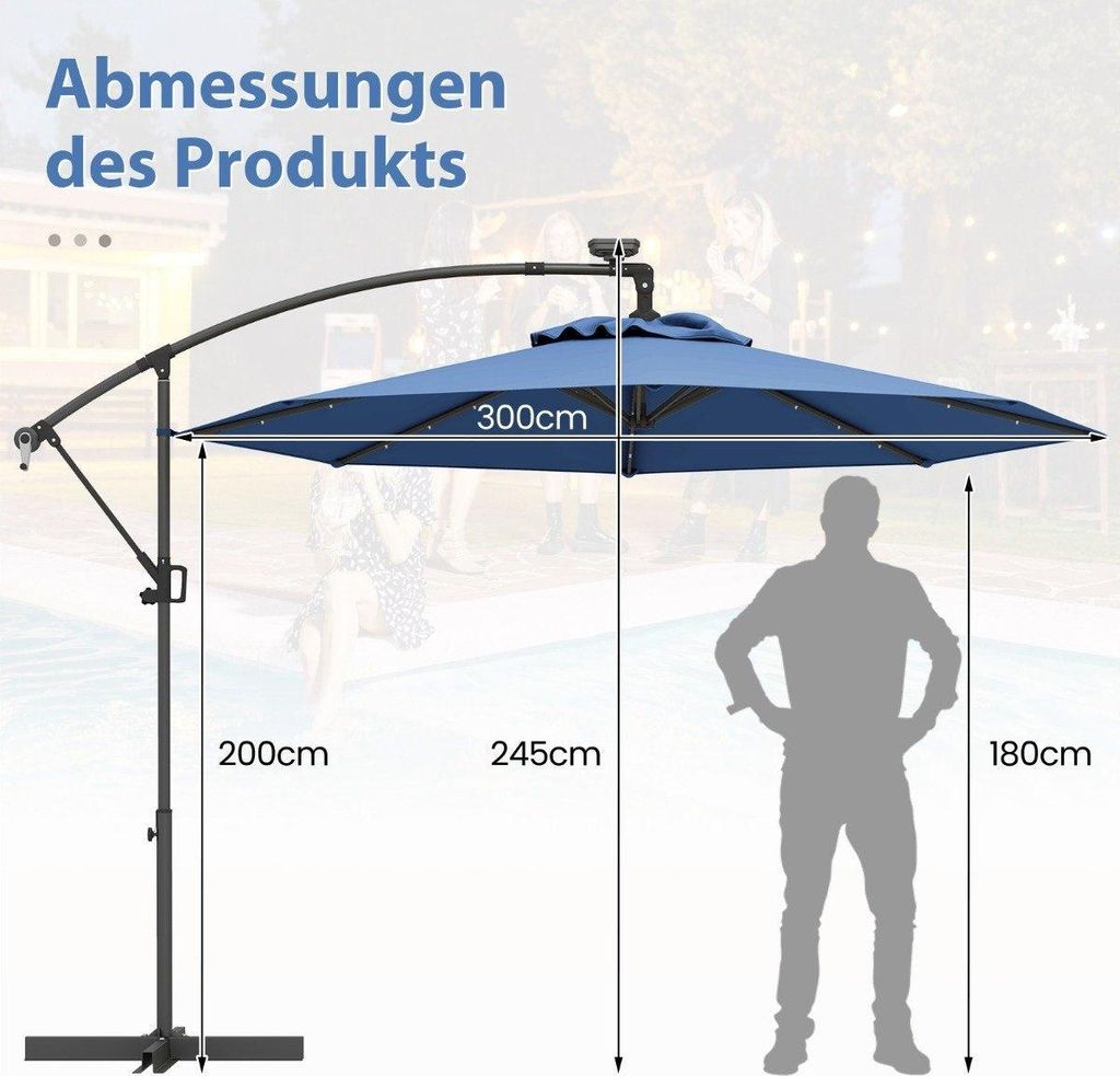 300 cm Terrassenschirm mit 32 Solar-LED-Leuchten, Blau