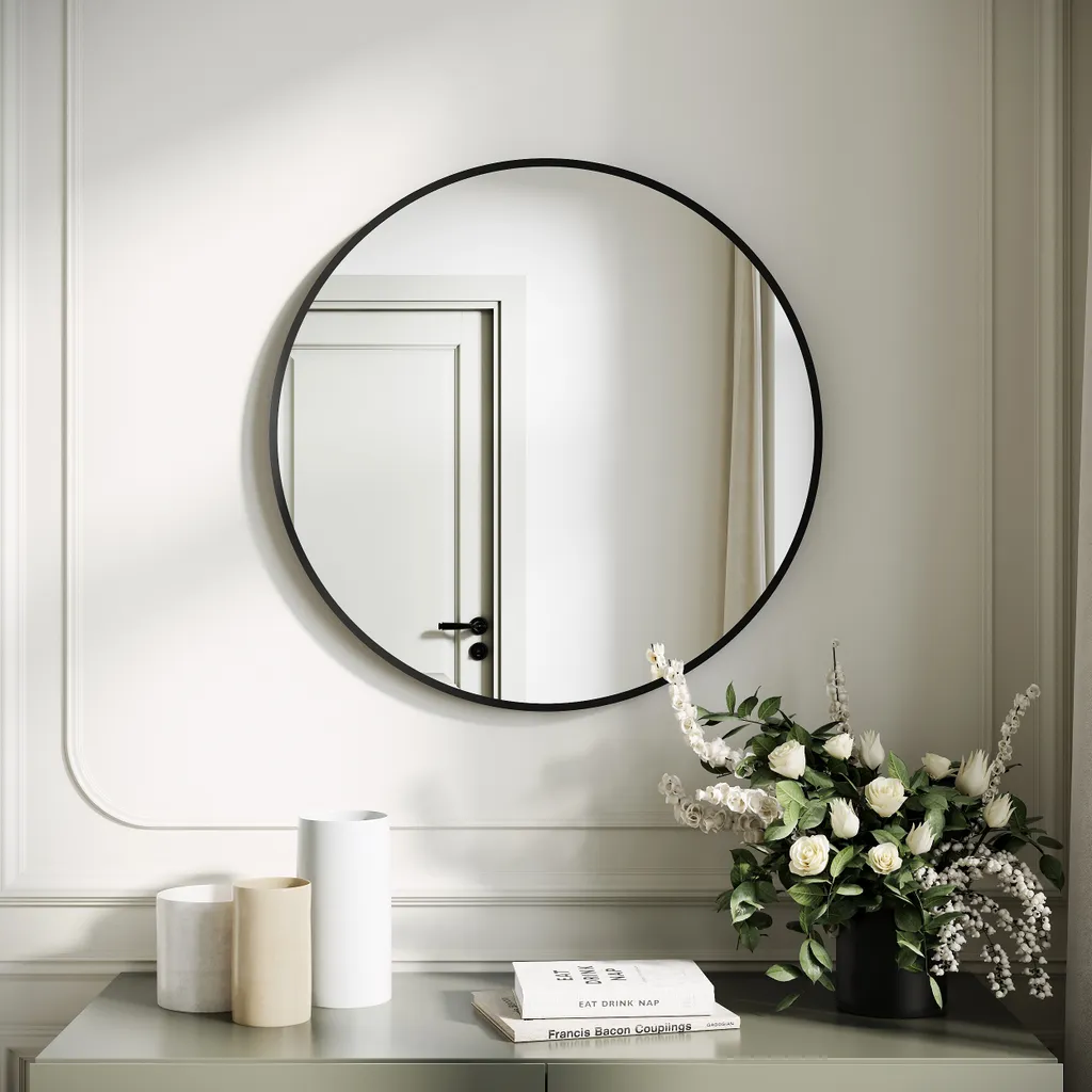 Miroir Mural Rond avec Cadre Aluminium Noir 40cm Haute Définition Verre
