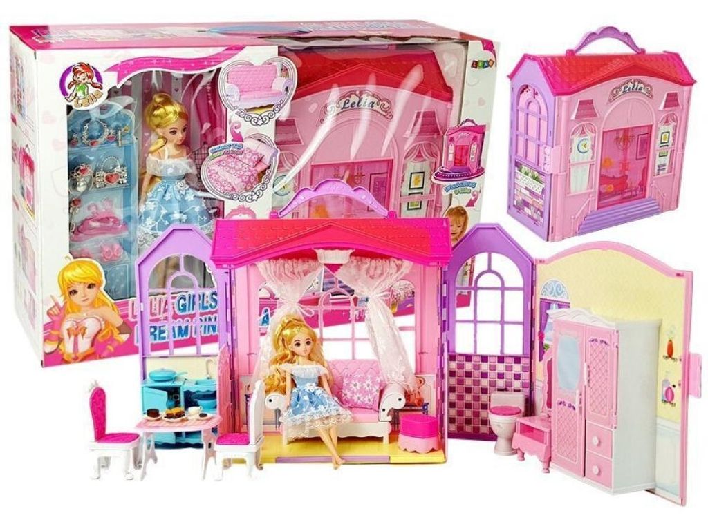 Ausklappbares Puppenhaus Blonde Puppe mit Zubehör Küche Toilette Schlafzimmer im Koffer