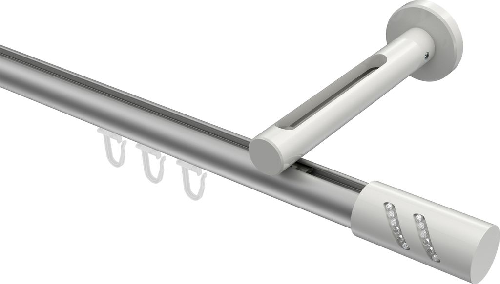 Interdeco Innenlaufstange / Gardinenstange mit Innenlauf Silbergrau / Weiß, Typ Siteno Zoena (Glitzerzylinder), 20 mm Ø 1-läufig, 200 cm