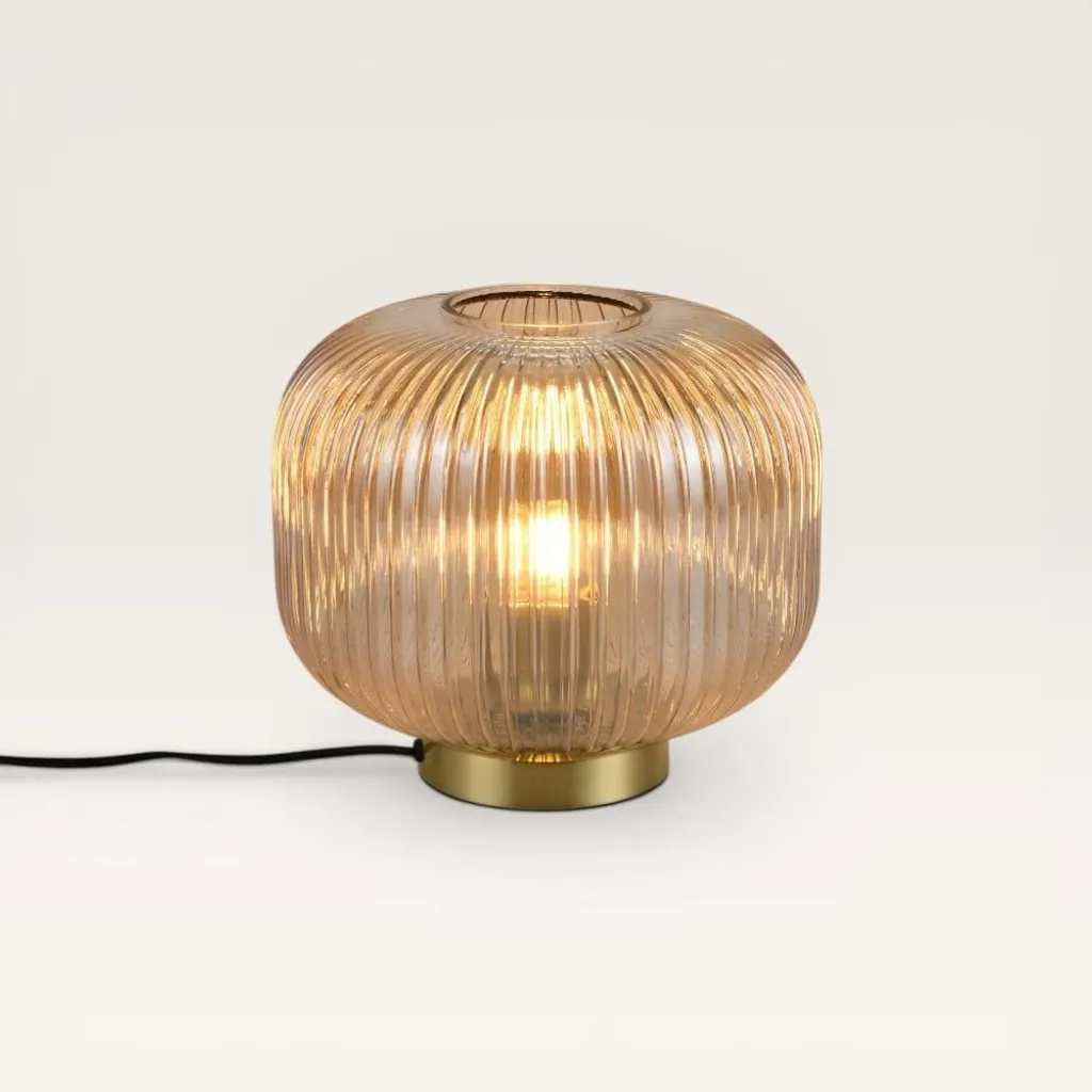 Lampe de chevet vintage verre ambré strié LUSENZ avec socle doré