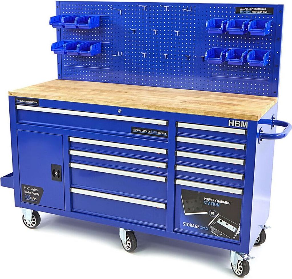 HBM Werkbank 158 cm mit 10 Schubladen, Tür und Rückwand, blau
