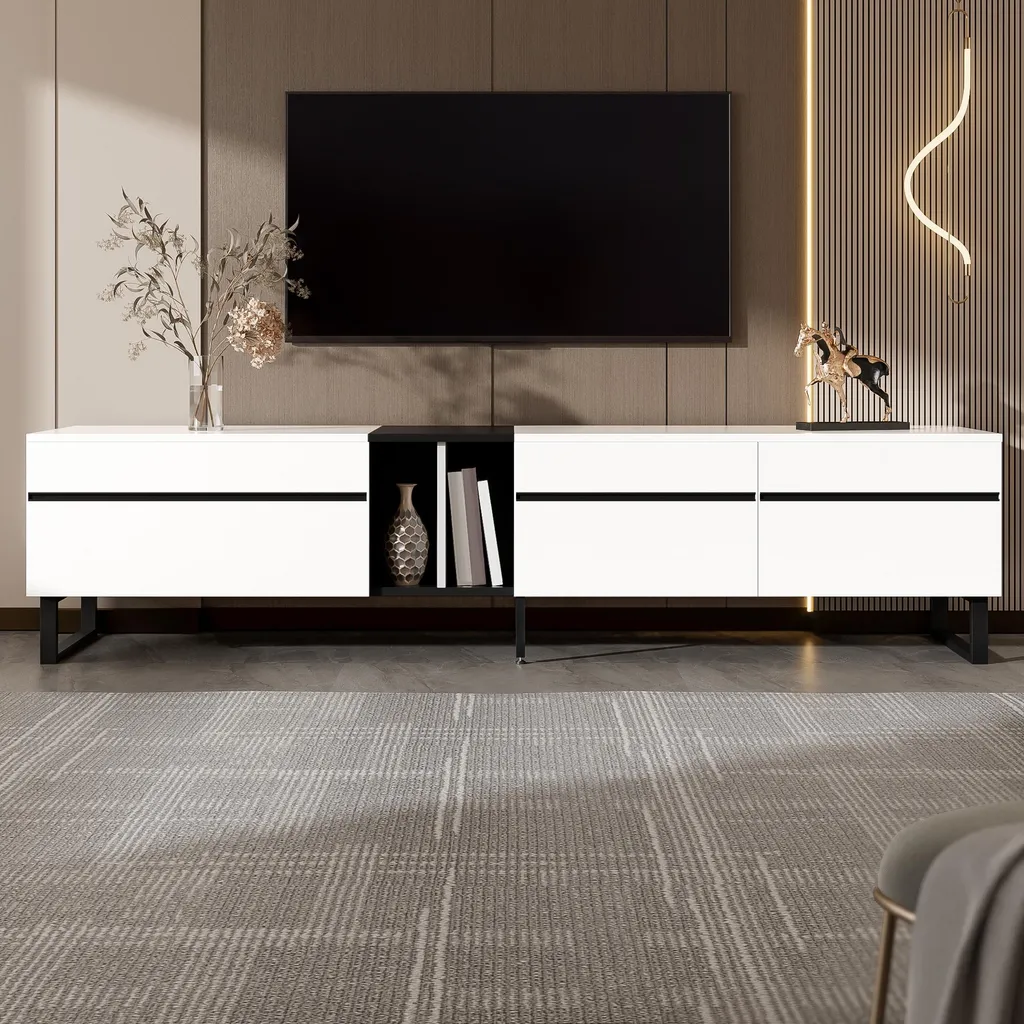 Merax Meuble TV bas blanc avec abattant et compartiments ouverts design - 5