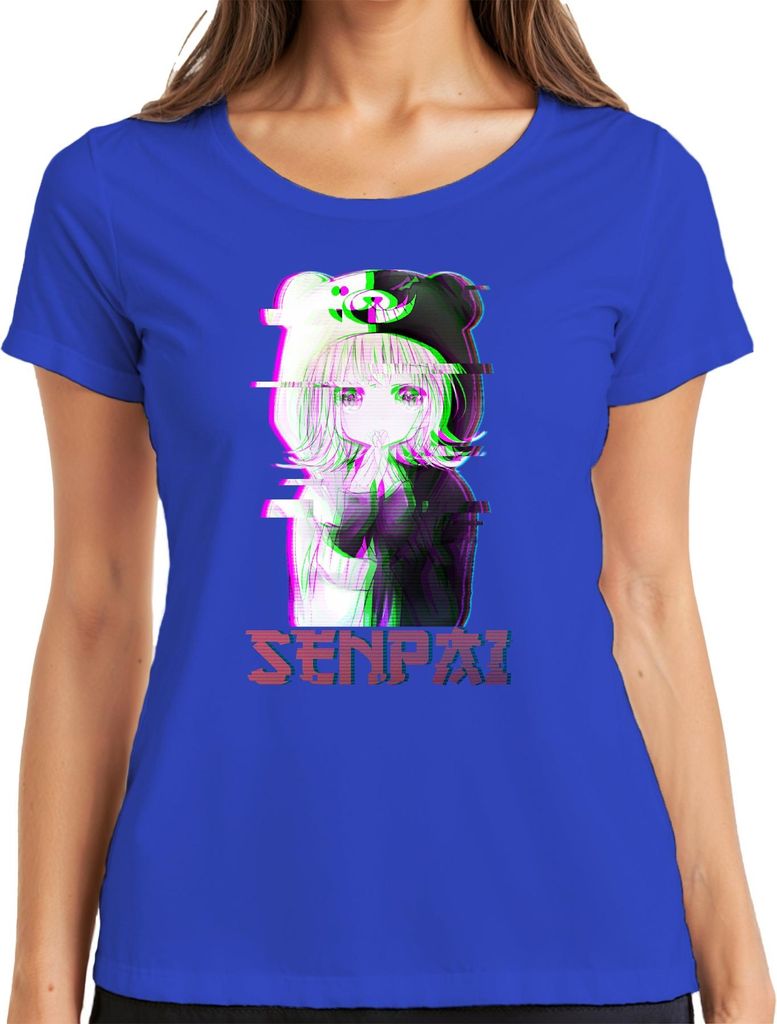SENPAI Anime Kawaii Chibi Glitch Manga Otaku Bär Kapuze Vaporwave Damen T-Shirt, Blau, XXL