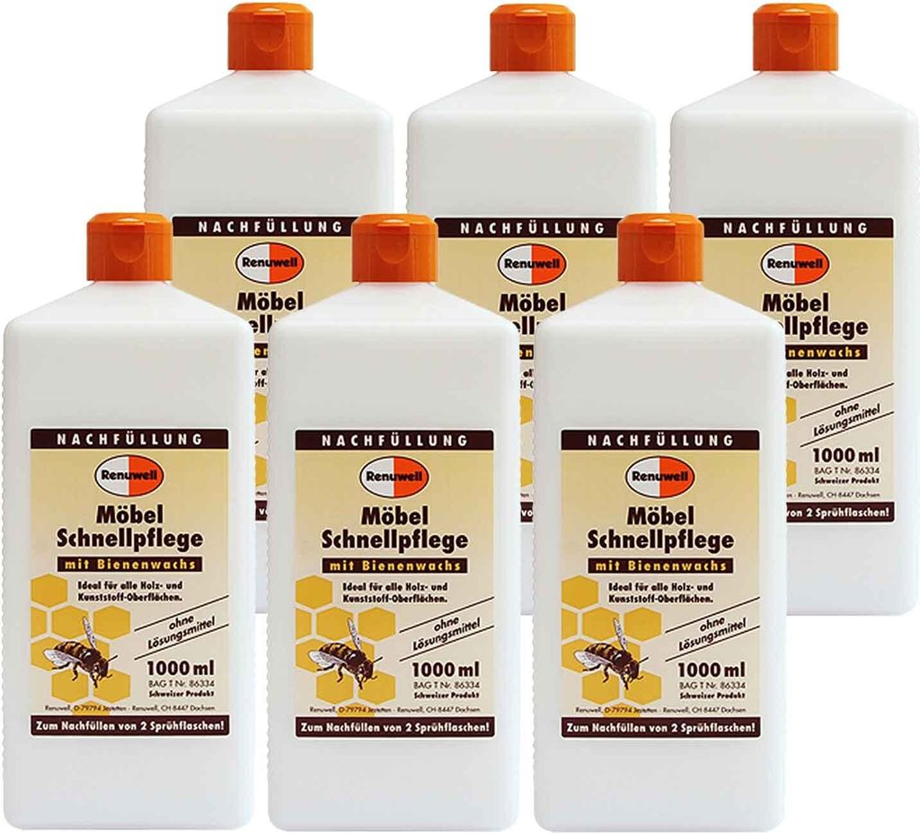 Renuwell Möbel-Schnellpflege Bienenwachs Holzpflegemittel 6 x 1 Liter