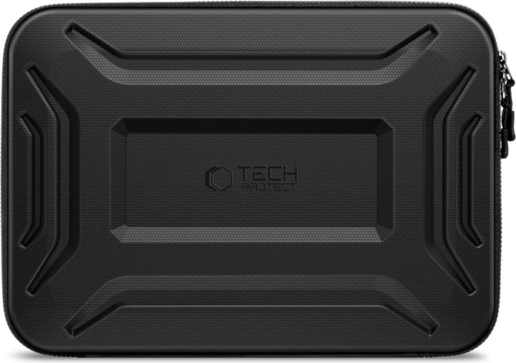 A black laptop bag with a textured surface and a central rectangular panel featuring the "TECH PROTECT" logo.