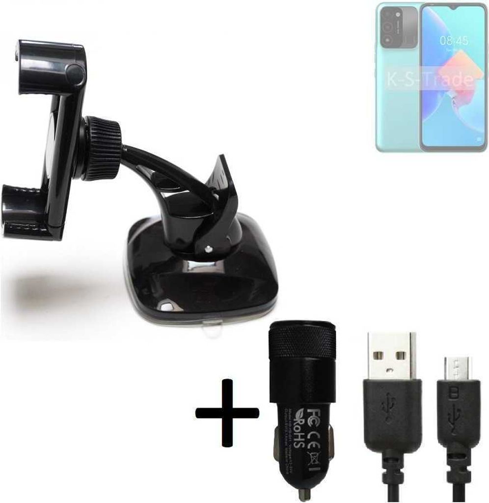 K-S-Trade Halterung kompatibel mit Tecno Spark 8C Windschutzscheibe / Armaturenbrett + LADEGERÄT mit Mico USB Kabel Autohalterung KFZ Halter