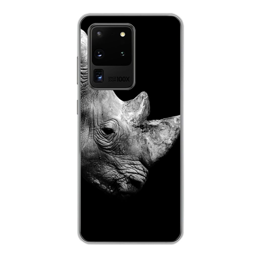 MuchoWow Handyhülle Schutzhülle Hülle für Samsung Galaxy S20 Ultra Portrait Nashorn auf schwarzem Hintergrund Silikon Softcase Handy Hülle -...