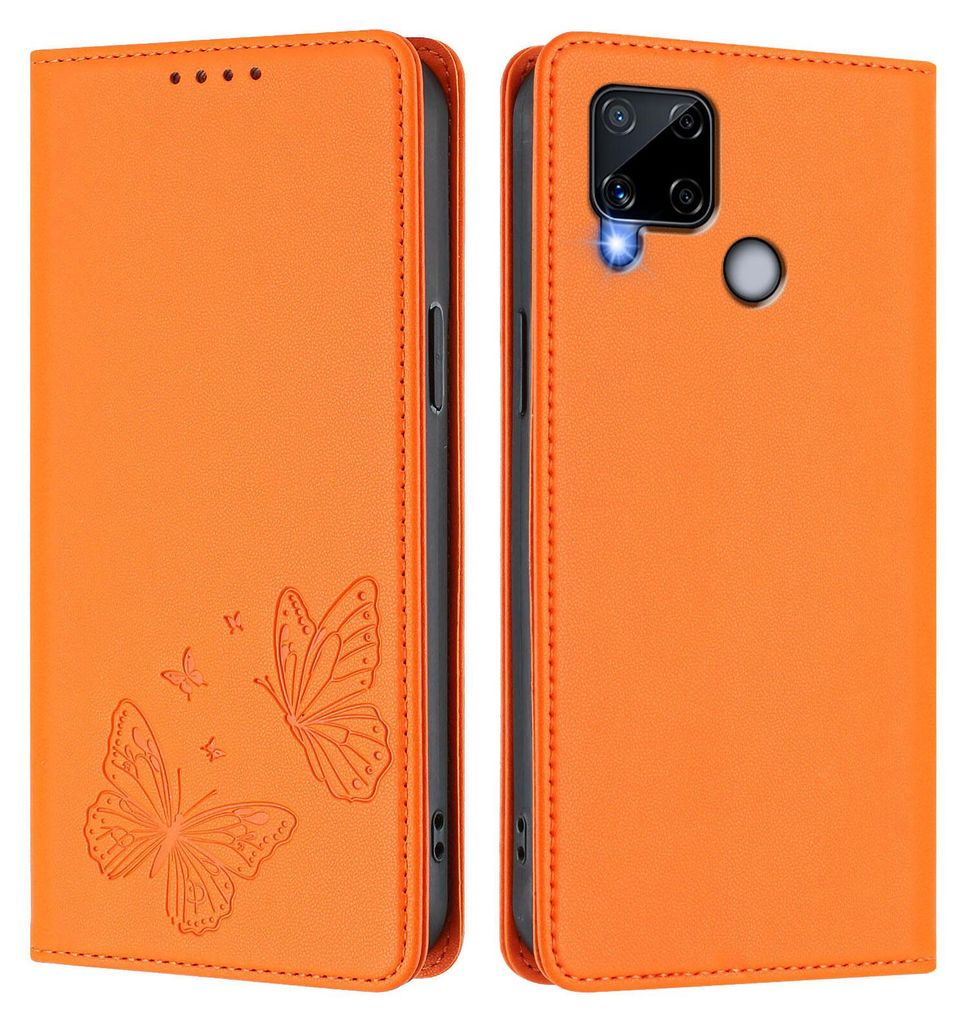 Lederhülle für Realme C25, Schmetterling Prägung Leder Brieftasche Schutzhülle mit Ständer Orange