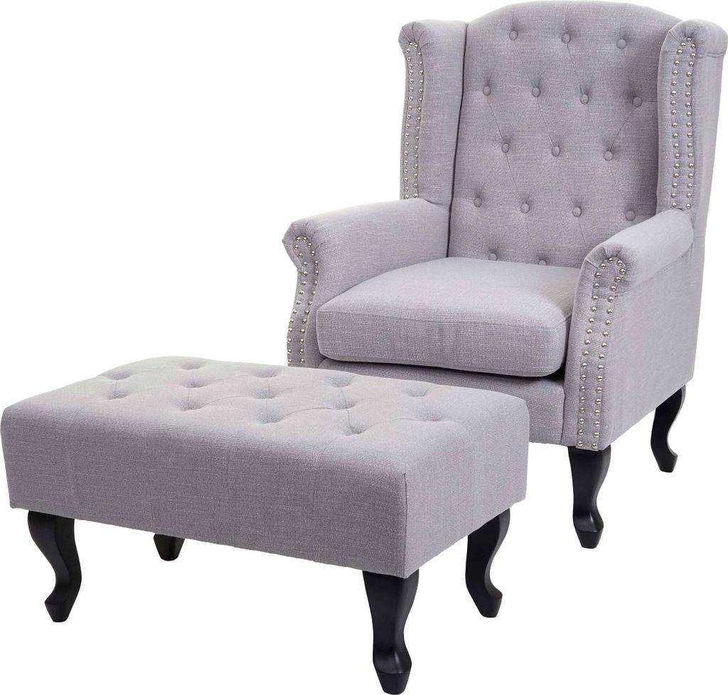 Sessel Chesterfield, Relaxsessel Clubsessel Ohrensessel, wasserabweisend Stoff/Textil grau mit Ottomane