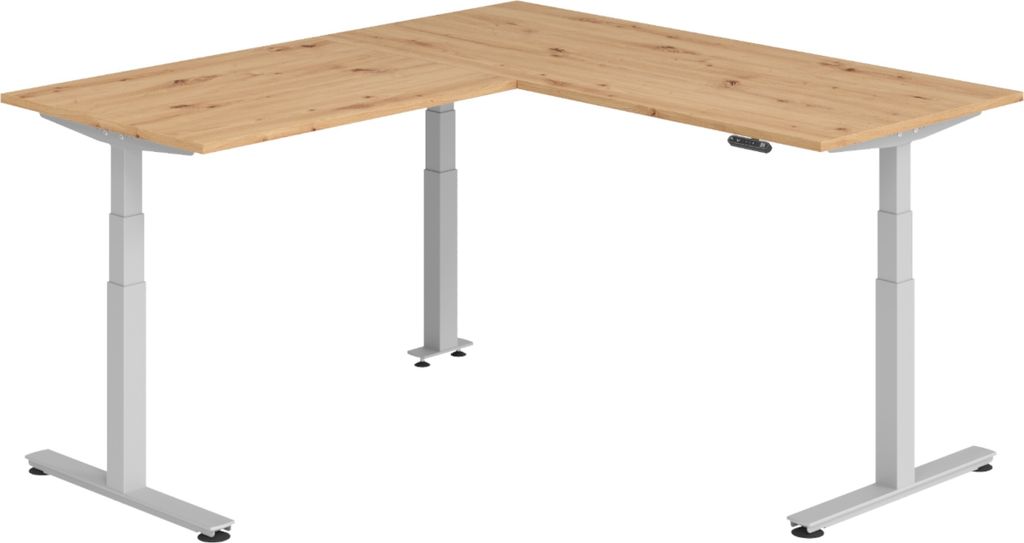 bümö Eckschreibtisch elektrisch höhenverstellbar L-Form - Gestell: Silber, Nachbildung: Asteiche, Größe: Eckschreibtisch 180 x 200 cm