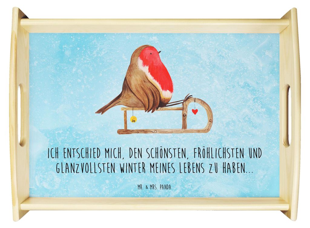 Mr. & Mrs. Panda Servier Tablett Rotkehlchen Schlitten - Eisblau - Geschenk, Serviertablett, Weihnachten, Holztablett, sofatablett, Vogel, holz