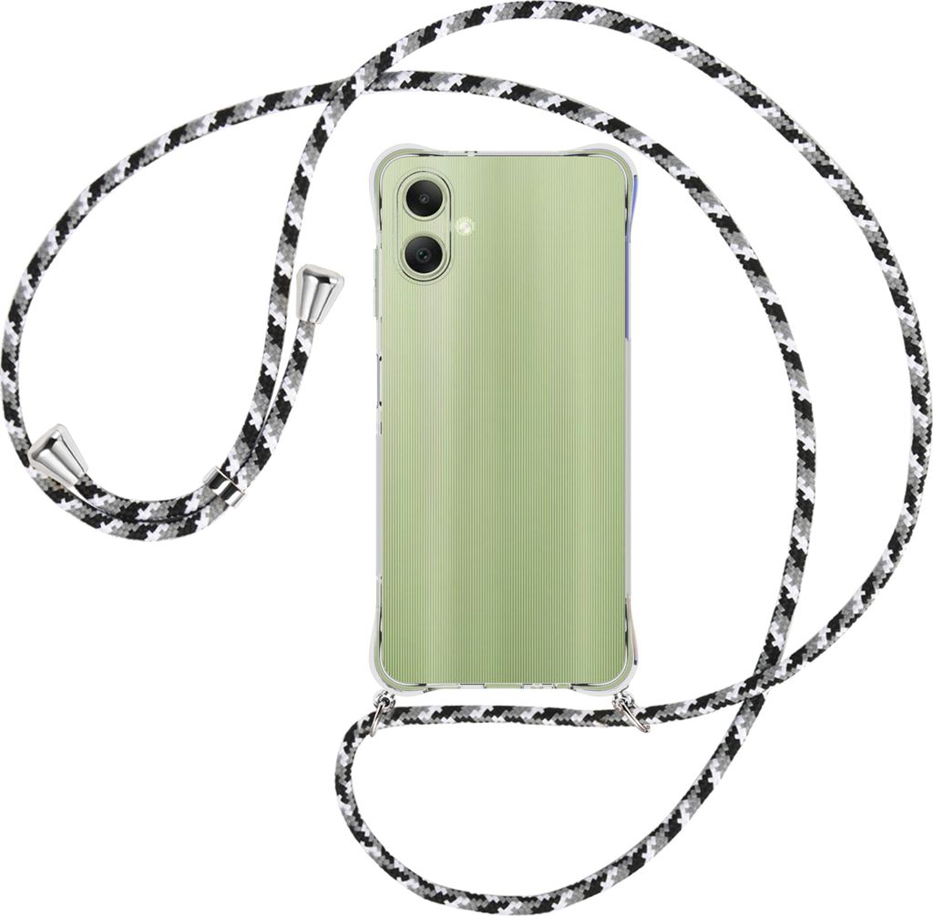 Handykette Backcover-Schutzhülle mit Band (Metall silberfarben) für Samsung Galaxy A06 4G - schwarz/grau/weiß