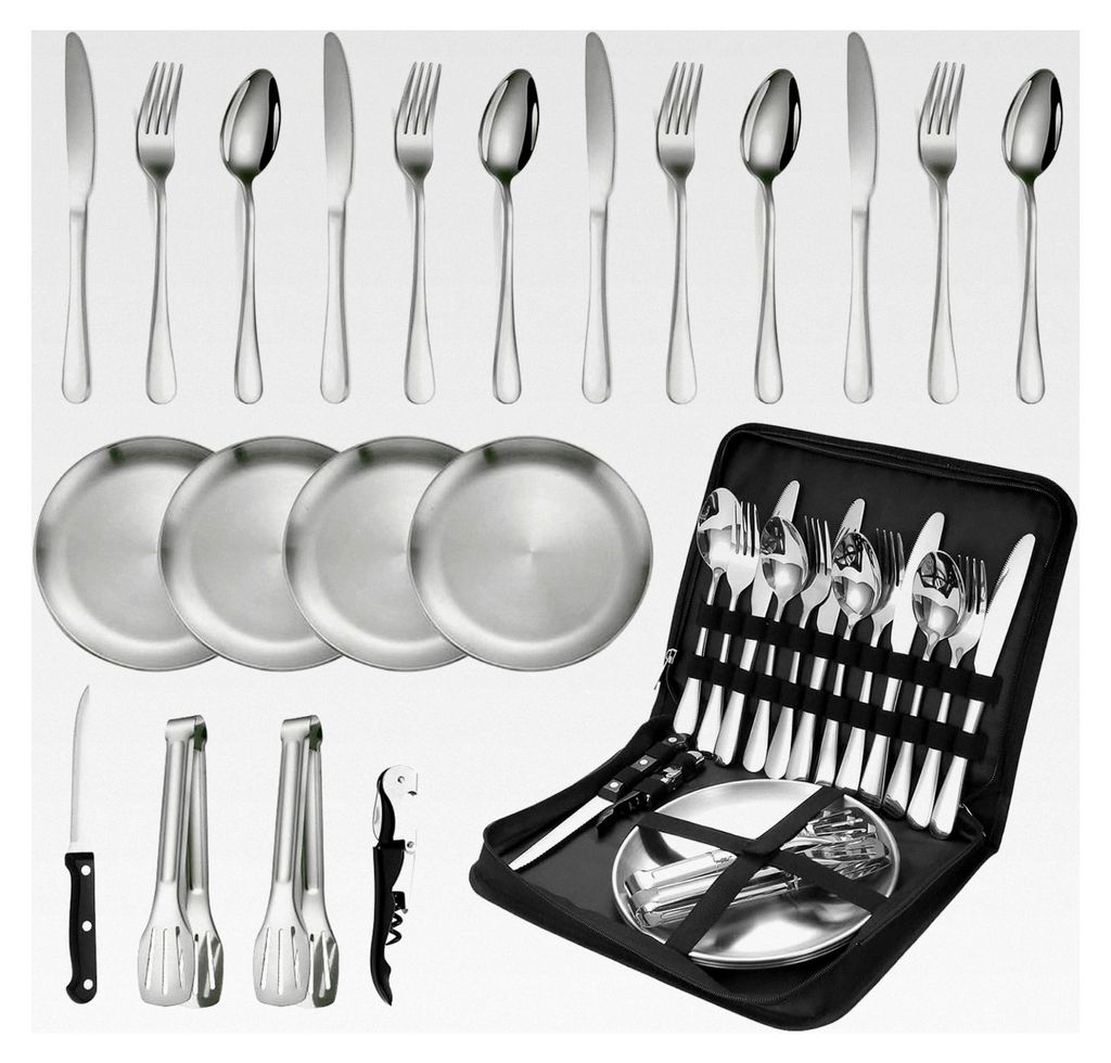 Camping Besteckset, 20-teiliges Geschirrset für 4 Personen aus Edelstahl, Besteck mit Löffel, Gabel, Messer, Tellern und Clips für Camping, Pick...