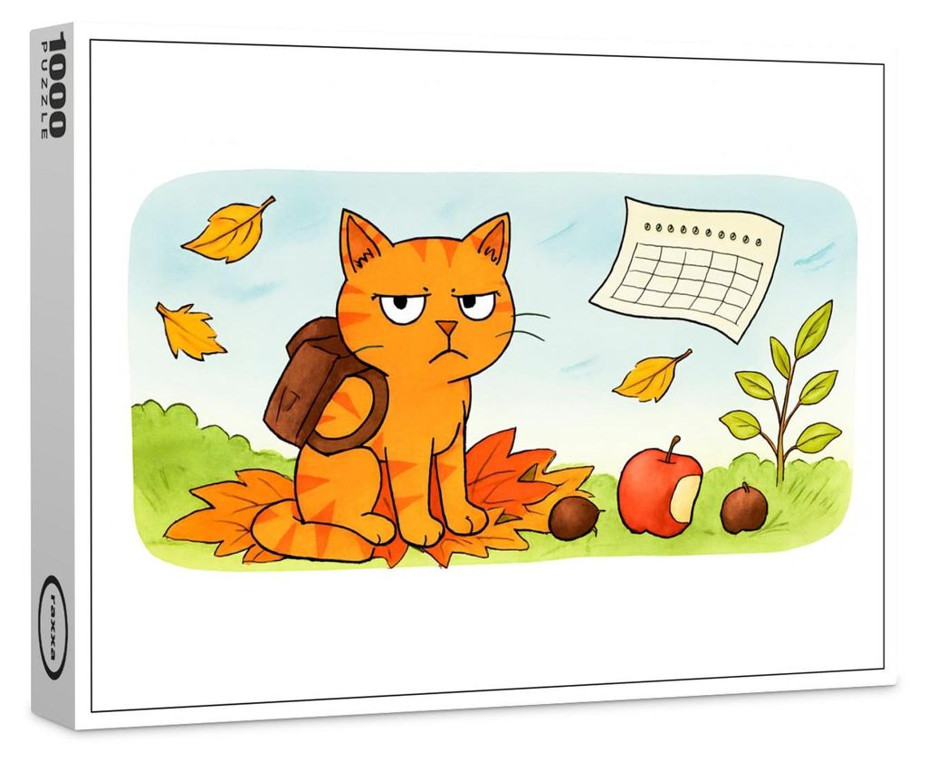 raxxa Premium-Puzzle "Grumpy Cartoon Cat Starting School in Autumn", 1000 Teile