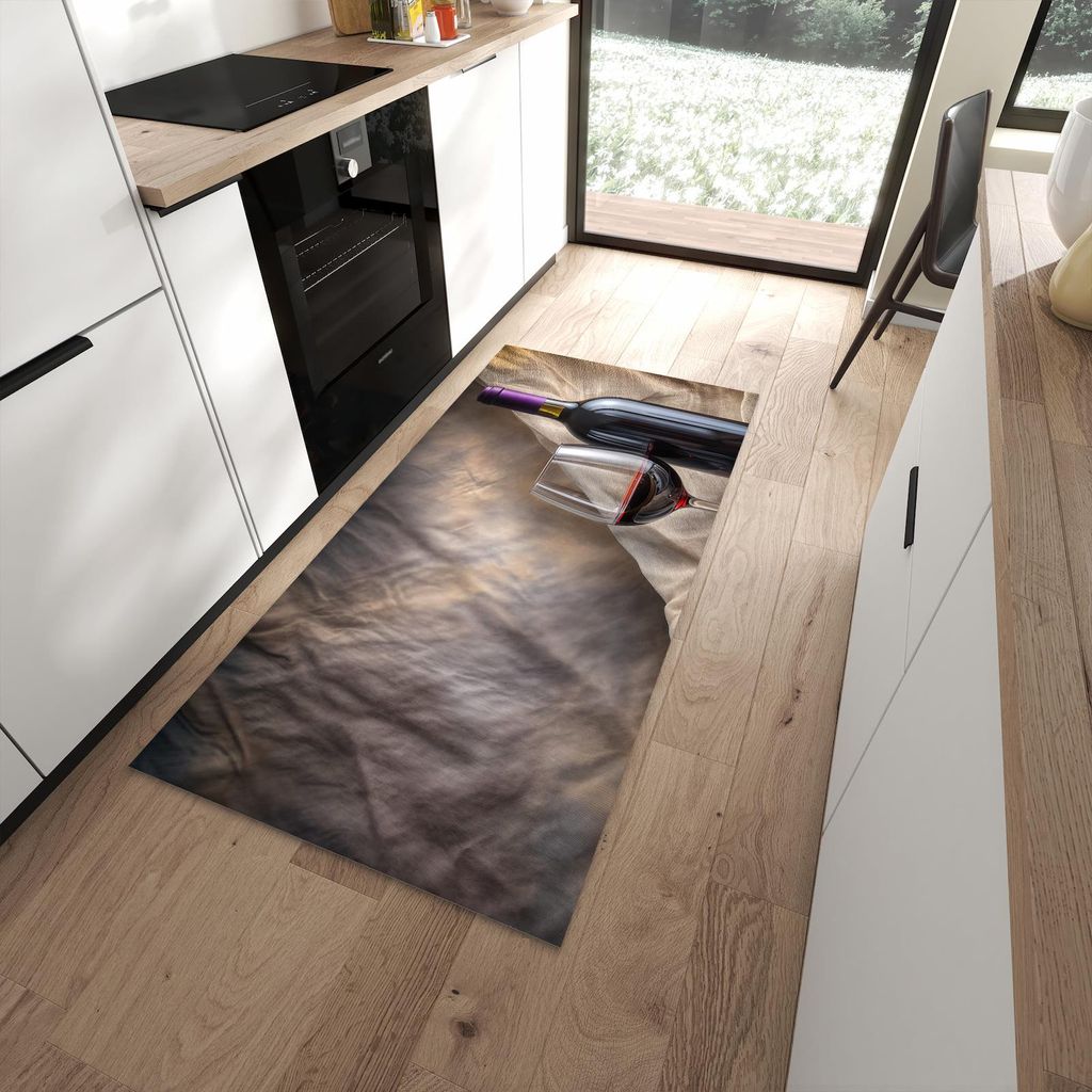 Küchenteppich 90x180cm rutschfest & abwischbar PVC Läufer - Wein mit Glas