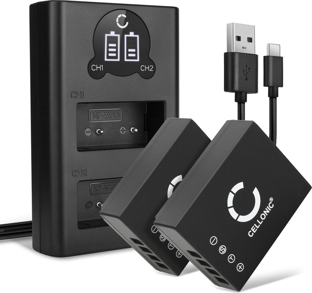 CELLONIC 2x Akku für Kamera Kompatibel mit FujiFilm Fuji X100V, Kompatibel mit Fuji X100F, X-T1, NP-W126 - (1140mAh, 7.4V) + Dual Ladegerät