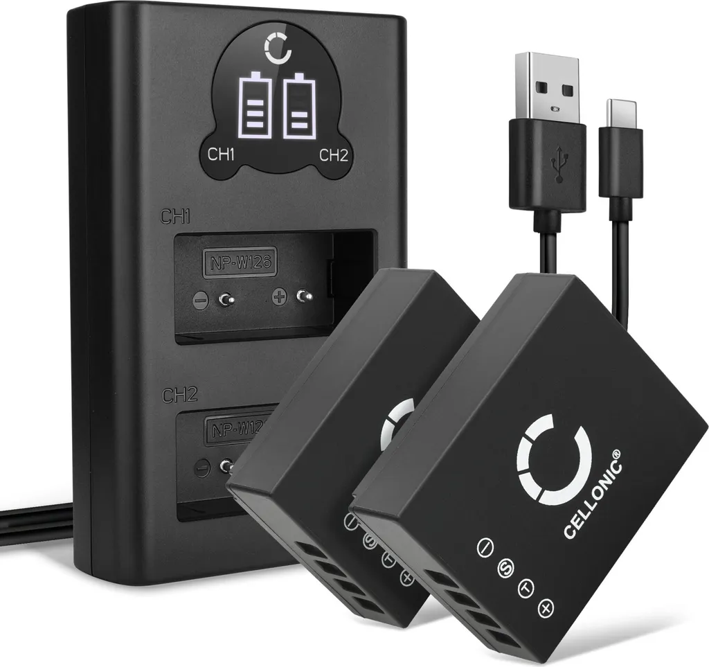 Kit 2 Batterie NP-W126 per Fujifilm X-T30 X-T3 X-T20 + Caricatore Doppio