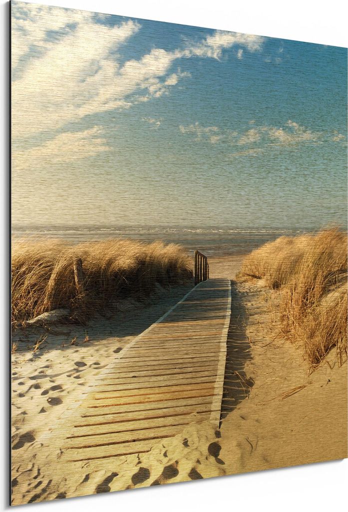 DEQORI Alu-Dibond Bild Gold 50x50 cm 'Strandaufgang am Meer' Wandbild Metall dünn Design