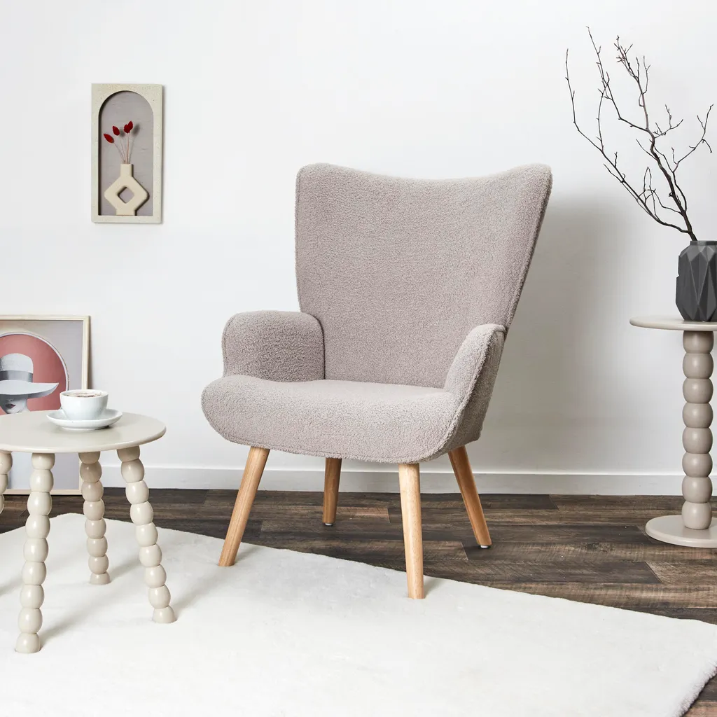 Fauteuil Bouclette Taupe Compact - Gain de Place et Confort pour Petit Salon