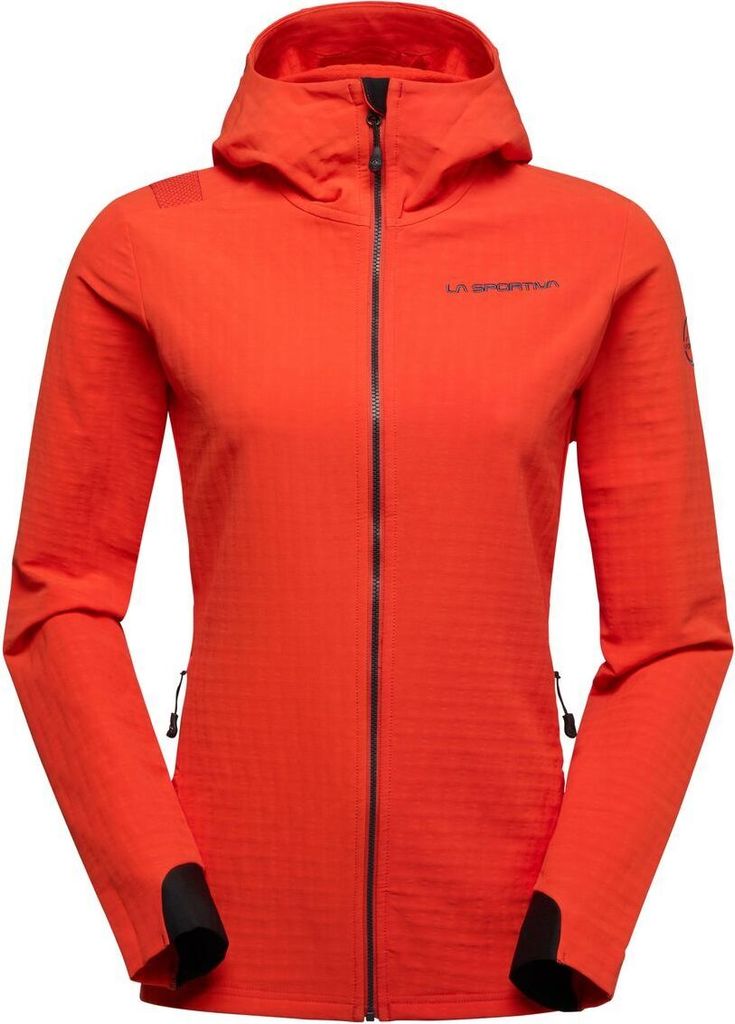 Rote Midlayer-Jacke für Damen von La Sportiva; Modell Descender Storm Jkt W; mit Kapuze und Reißverschluss.