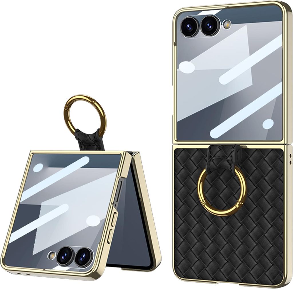 Hülle für Samsung Galaxy Z Flip 7 Elektroplatte Schutzhülle mit Displayschutzfolie und Ringhalter Schwarz