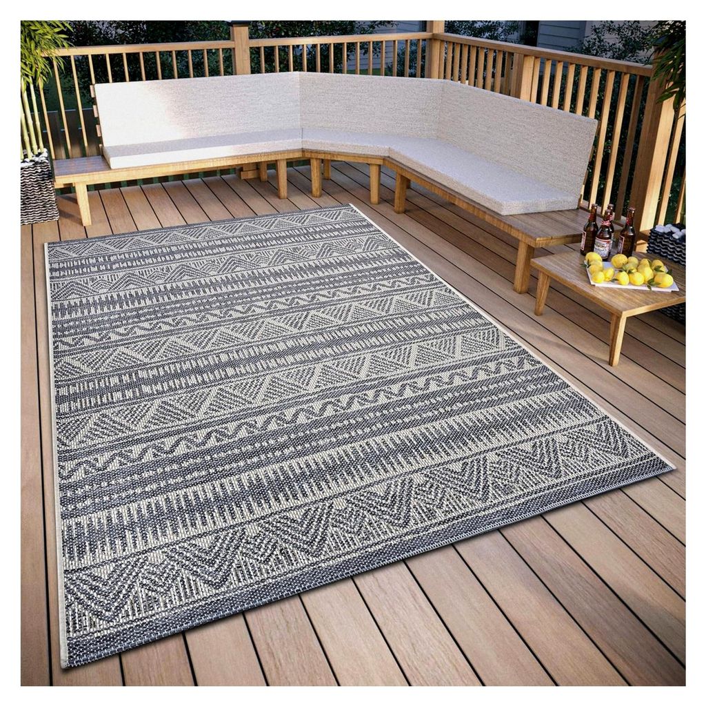 Wetterfester Outdoor-Teppich – Modernes Boho Ethno Muster, robuster Flachgewebe-Teppich für Garten, Balkon, Terrasse, Wohnzimmer – Beige, 63x1...