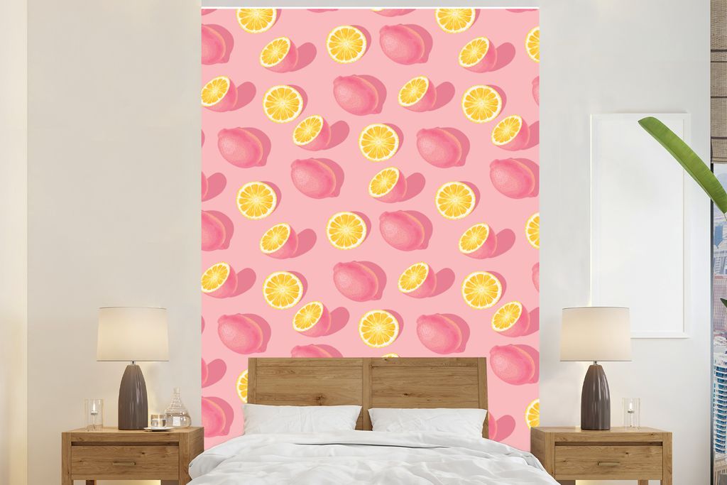 MuchoWow Fototapete für Wohnzimmer oder Schlafzimmer Wandtapete Vinyl Motivtapete Sommer - Zitrone - Rosa - 180x280 cm - Wallpaper