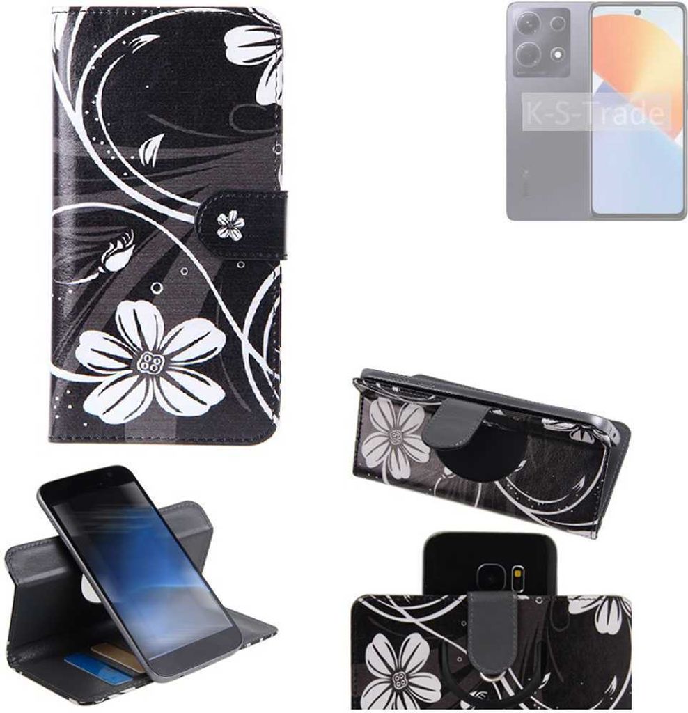 K-S-Trade Schutzhülle Handyhülle kompatibel mit Infinix Note 30 X6833B Hülle 360° Wallet Case “Flowers“ Klapphülle Hülle schwarz-weiß 1x