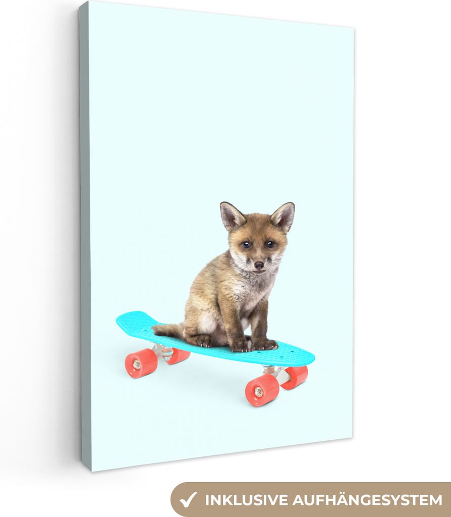 OneMillionCanvasses - Leinwandbilder - 90x140 cm, Fuchs - Tiere - Skateboard - Blau, Wandbilder Kunstdruck Wanddekoration - Foto auf Leinwand - G...