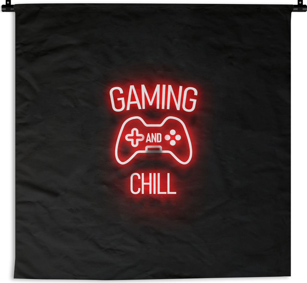 MuchoWow Wandteppich Wandbehang Gaming - Zitate - Gaming und Chillen - Neon - Rot 90x90 cm Tapisserie Dekoration Wandtuch - Wandaufhänger