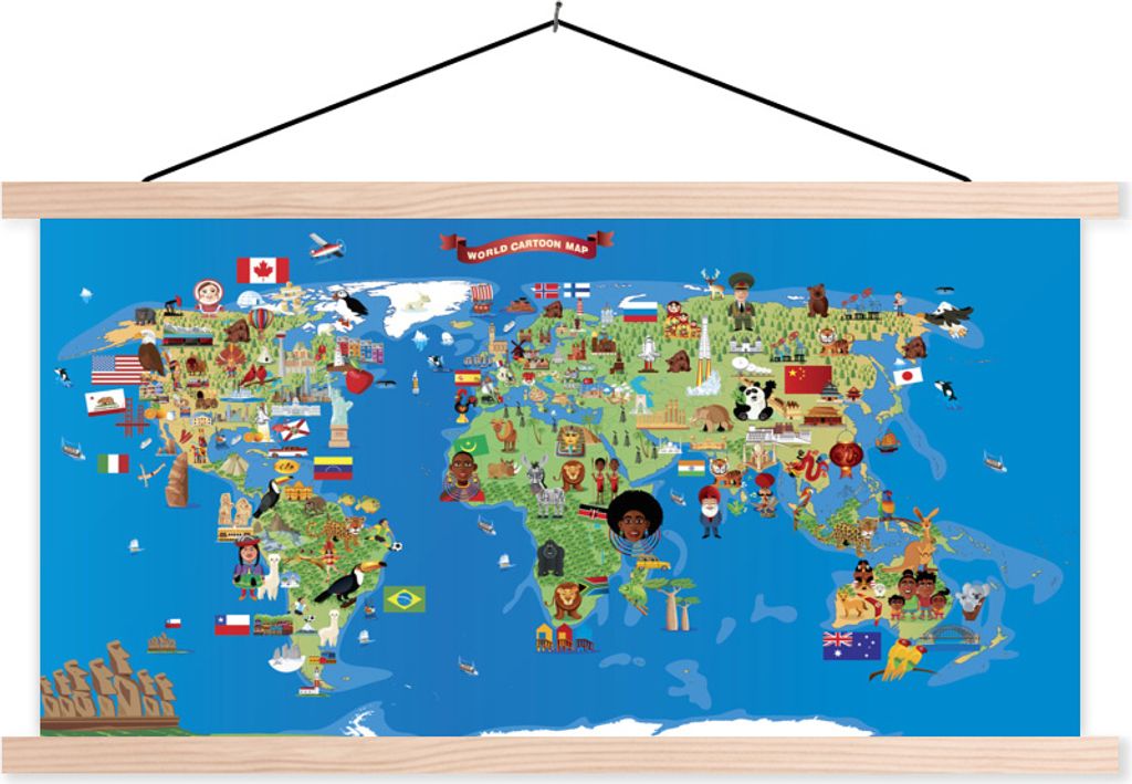 MuchoWow Textilposter Eine Illustration einer Cartoon-Weltkarte mit Figuren 120x60 cm mit holzfarbenen Rahmen - Klemmleiste