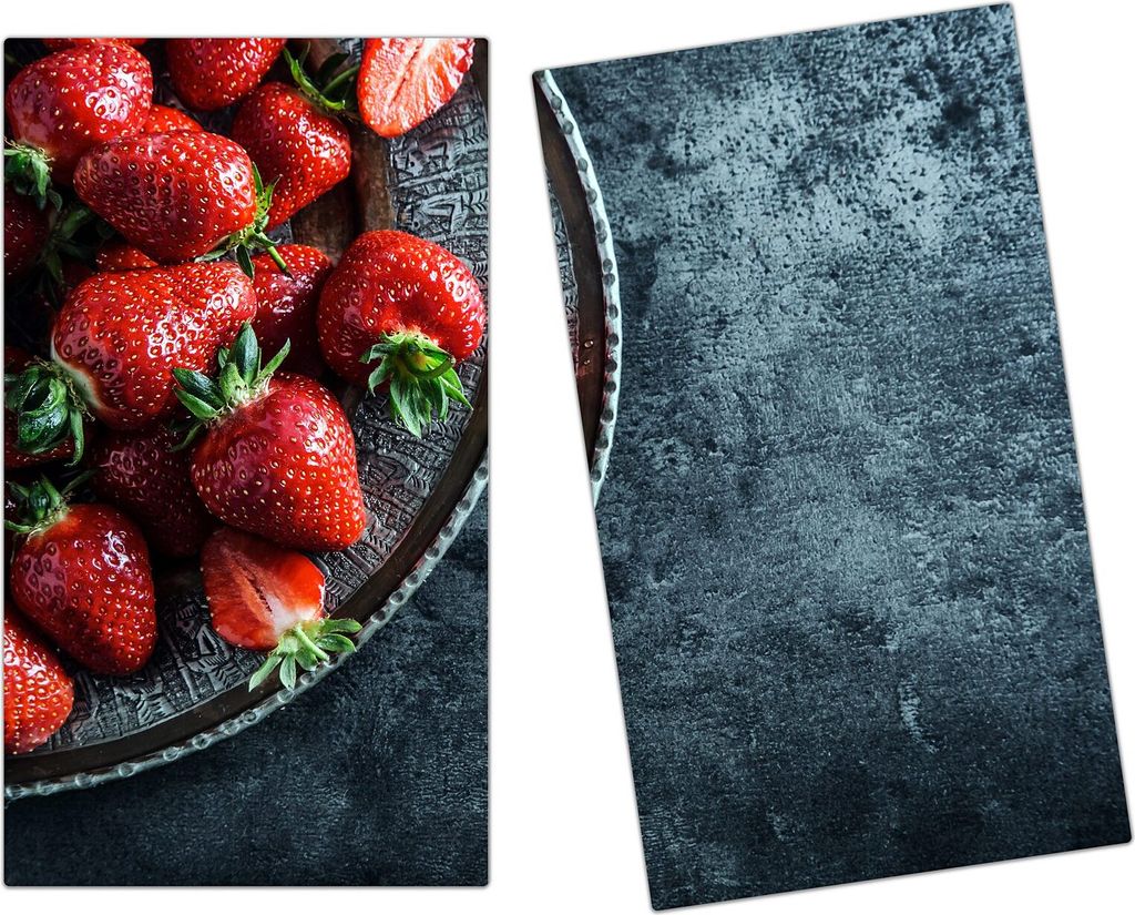 Spritzschutz Herdabdeckplatte Schneidebrett aus Glas Erdbeeren auf Teller 2-Teilig (60x52cm)