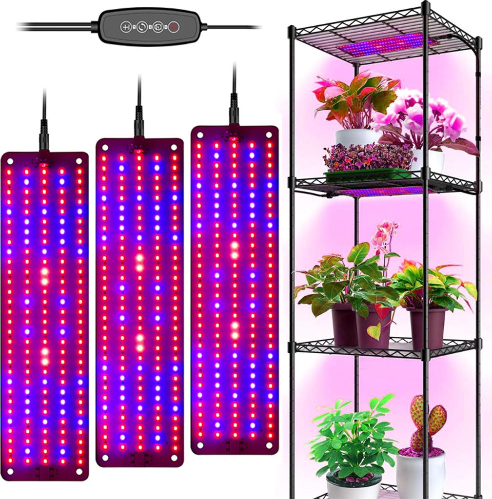 A plant grow light setup with three LED panels and a multi-shelf plant stand.