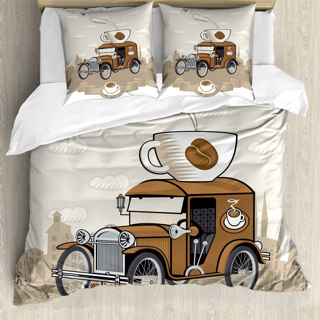 ABAKUHAUS Autos Bettbezug, Altertümlich Fahrt Kaffee, Milbensicher Allergiker geeignet mit Kissenbezügen, 155 cm x 220 cm - 80 x 80 cm, Caramel C...