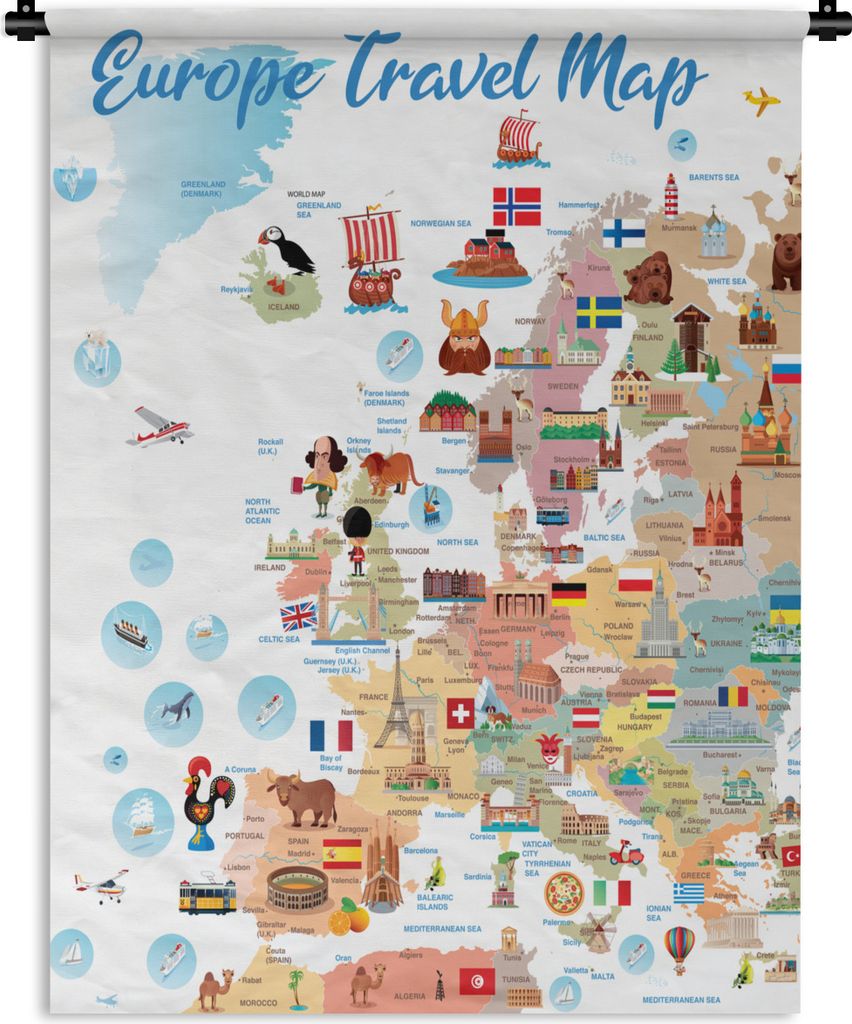 MuchoWow Wandteppich Wandbehang Karte - Europa - Reisen 120x160 cm Tapisserie Dekoration Wandtuch - Wohnzimmer - Moderne