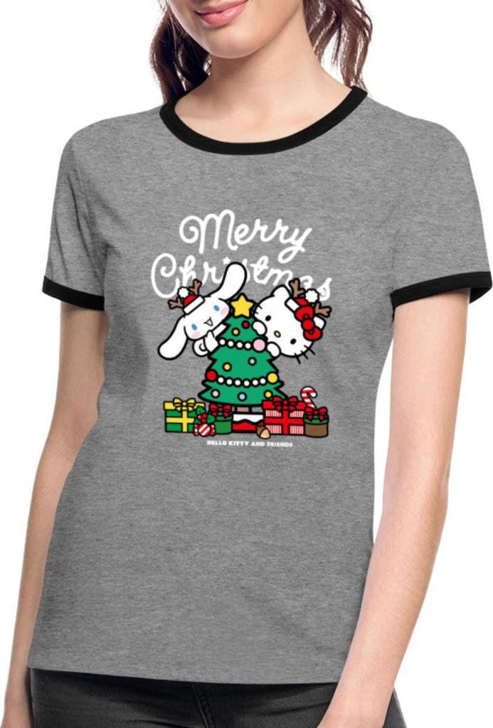 Spreadshirt Hello Kitty Und Cinnamoroll Weihnachten Frauen Kontrast T-Shirt, XL, Grau meliert/Schwarz