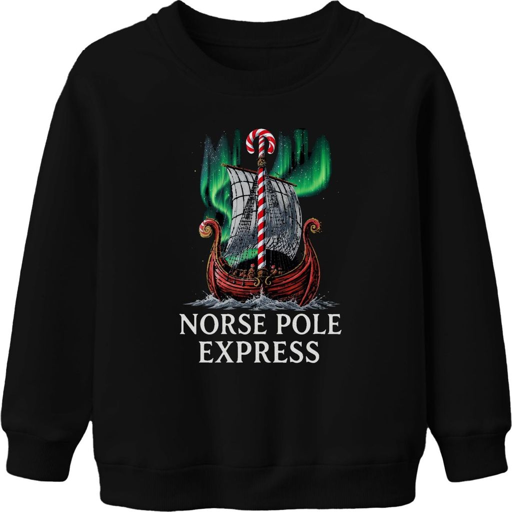 Norse Pole Express Weihnachtsgeschenk Wikinger Nordlicht lustig Uni Kinder Sweatshirt Pullover, Schwarz, 104