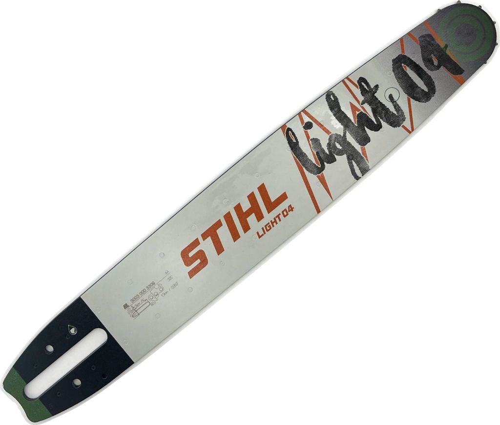 A STIHL chainsaw guide bar with branding and model information.