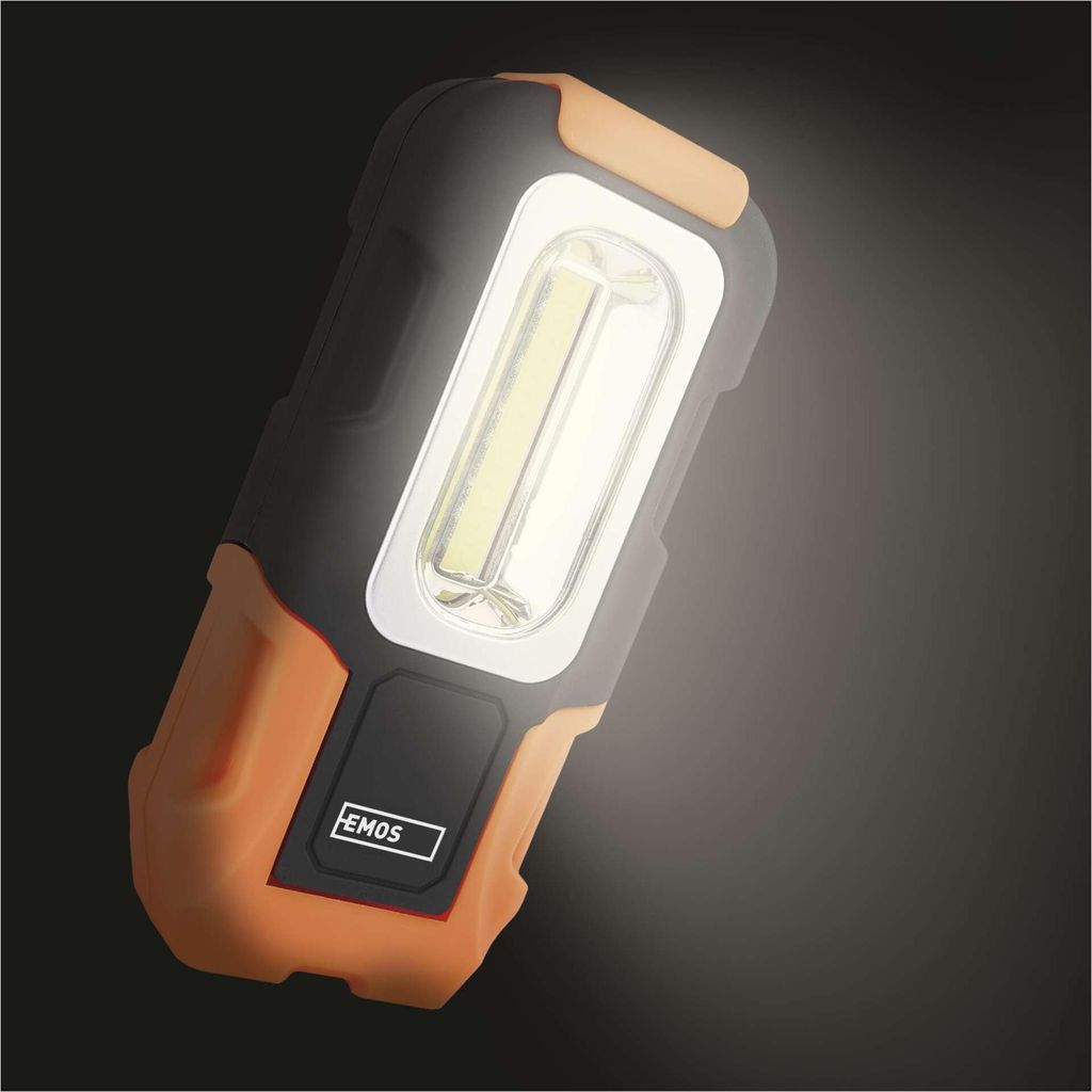 EMOS COB LED Taschenlampe, Werkstattlampe mit 2x Magnet und Haken, 180lm, min. 20m Leuchtweite, batteriebetrieben, Magnetfuß, P3888