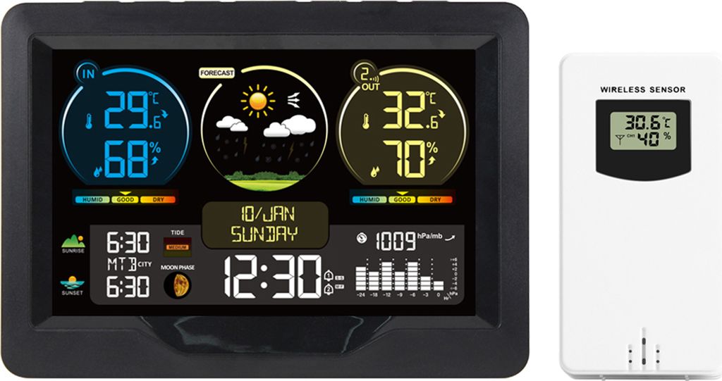 FJ3383M Intelligente Wetterstation mit Uhr, Innen- und Aussentemperatur- und Luftfeuchtigkeitsmesser, multifunktionaler grosser Farbbildschirm, Wet...