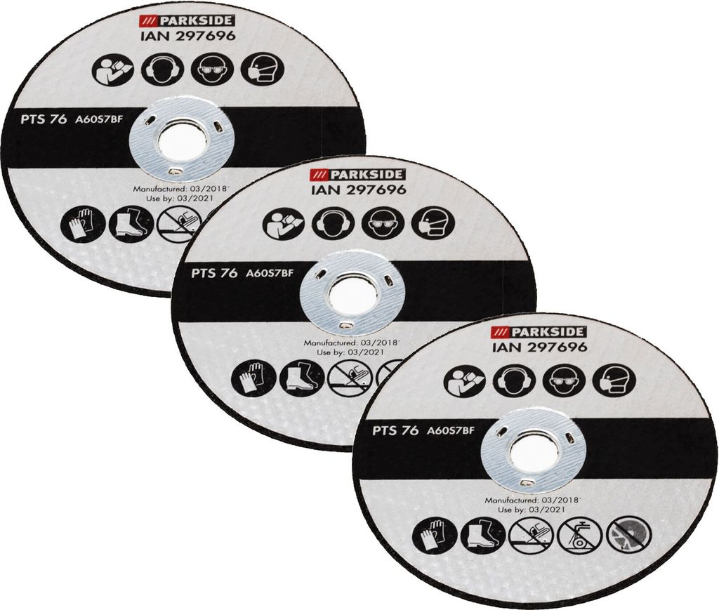 Three cutting discs are stacked on a light gray background.