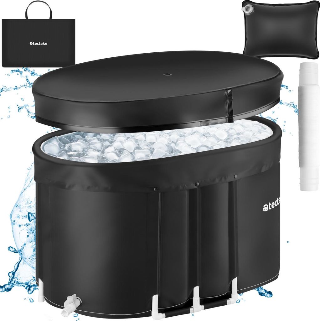 A black inflatable ice bath tub filled with ice cubes, with its lid partially open. Accessories like a carrying bag, a pillow, and a pump are displayed around it. Water splashes are visible on the left side.