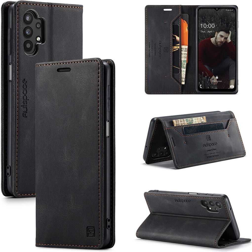 Samsung Galaxy A32 5G Brieftasche Hülle, Retro Kunstledertasche Stand Schutzhülle für Samsung Galaxy A32 5G Schwarz
