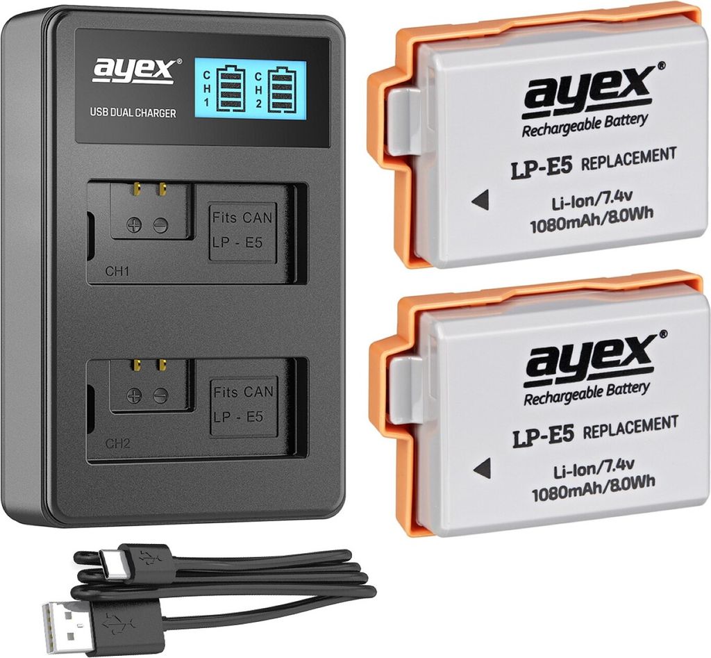 ayex Power Set mit 2x LP-E5 Akku für Canon + 1x USB Dual Ladegerät zB Canon EOS 450D 500D 1000D