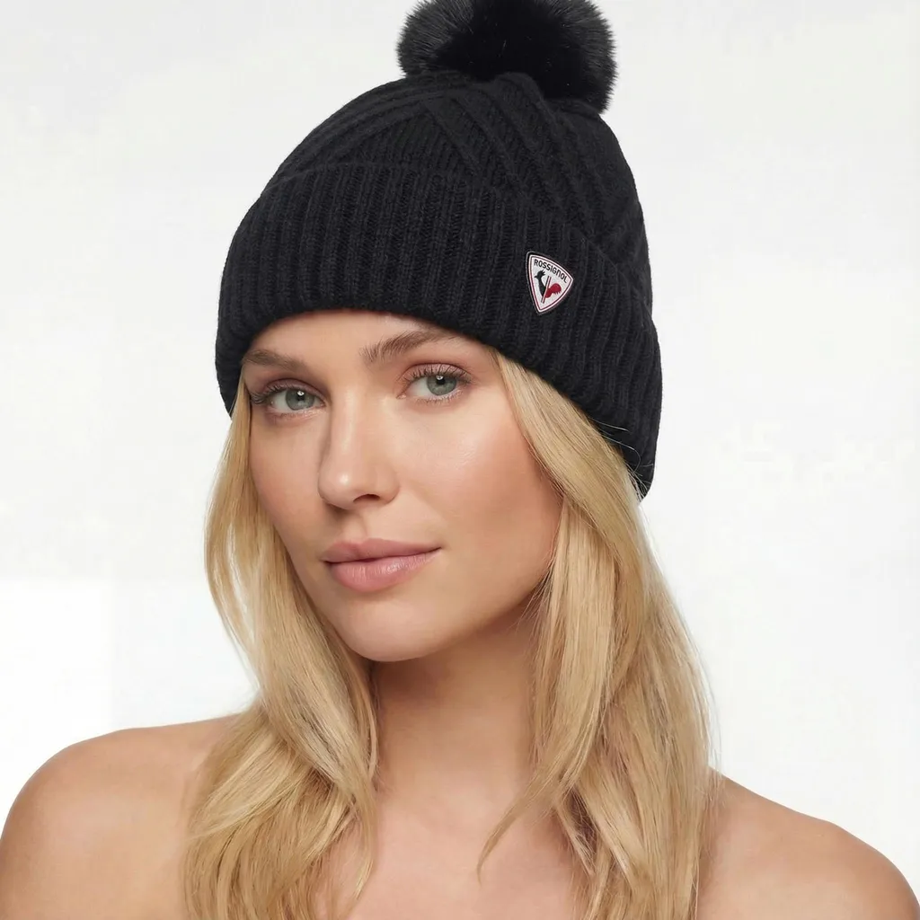 Bonnet d'hiver ROSSIGNOL W Sara Black Noir - Bonnet Pompon Femme Chic