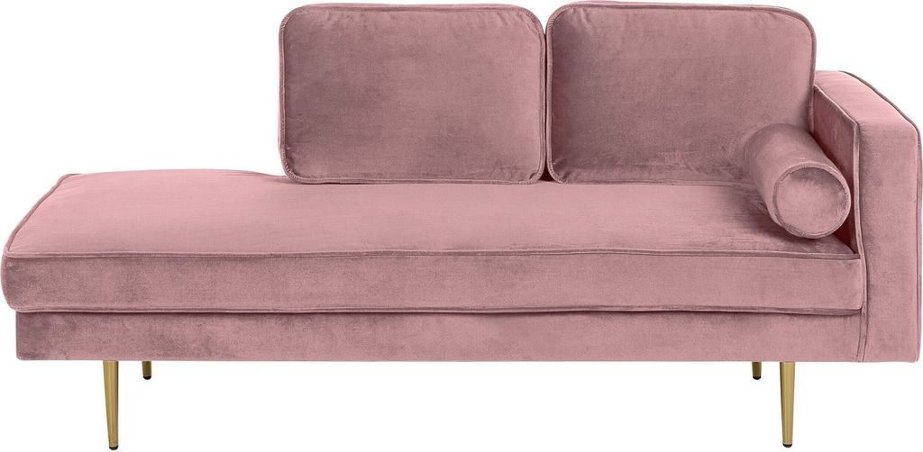 BELIANI Chaiselongue Rechtsseitig Rosa Samt mit Goldenen Metallbeinen Lehne Kissen Nackenrolle Modern Récamiere Liegesofa für Wohnzimmer