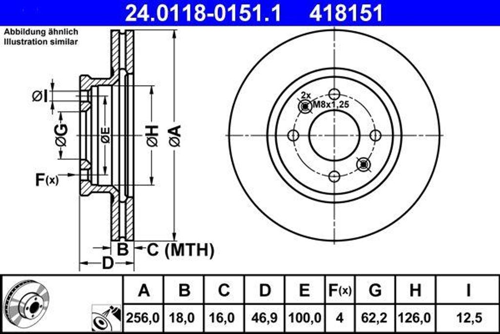 ATE 24.0118-0151.1 Bremsscheibe OE 517121J500 kompatibel mit i20