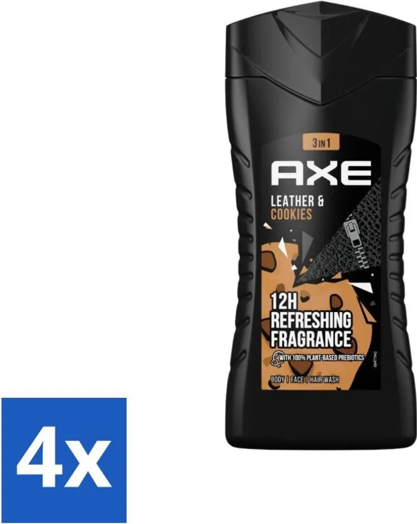 Axe - Gel doccia 3 in 1 - Cuoio e biscotti - 100% a base vegetale - 250 ml - Confezione risparmio - 4 pezzi
