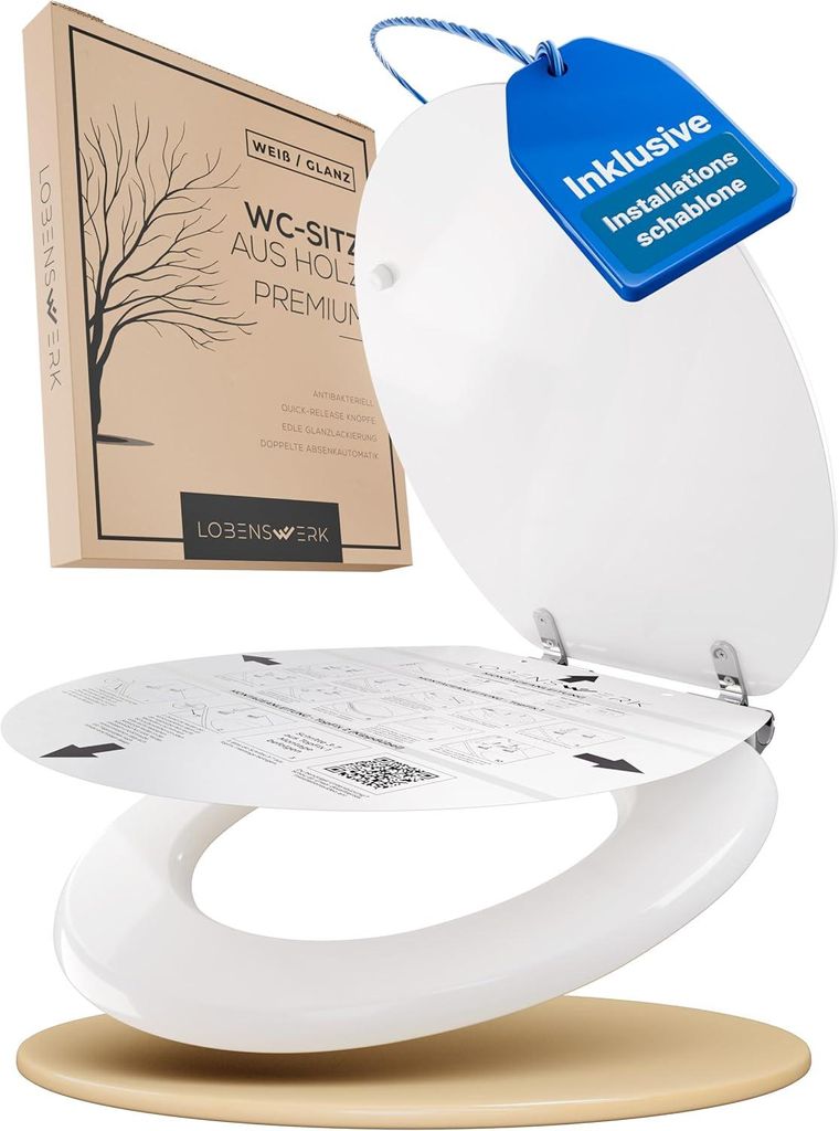 LOBENSWERK Toilettendeckel mit Absenkautomatik Holz | Edelstahlscharnieren | antibakteriell | Quick-Release-Funktion | Klobrille | Weiß Glanz